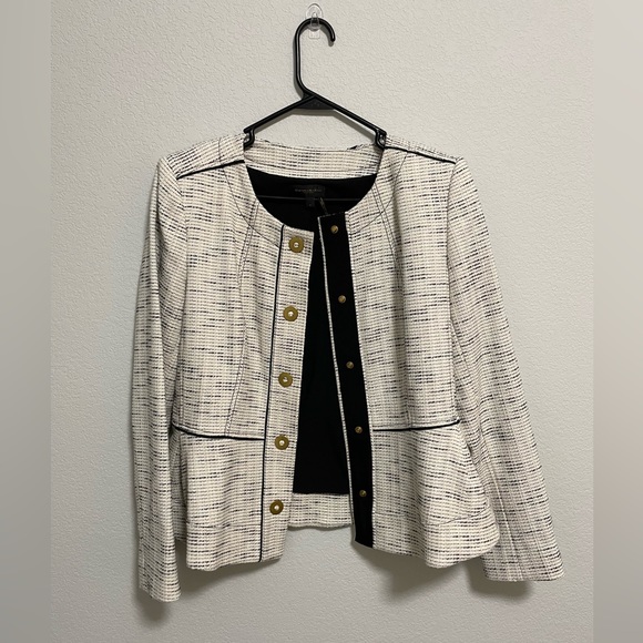 Donna Karan NY Tweed Peplum Blazer Jacket Cream Black Gold Buttons Size 8 - Picture 3 of 13